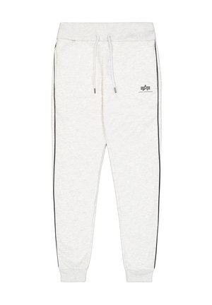 Light grey sweatpants made from soft material. Features black side stripes, elastic waistband with drawstring, and logo detail on the left thigh.