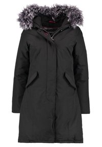 Abrigo de invierno negro con capucha forrada de piel sintética, bolsillos laterales y un diseño de longitud media. Textura suave con una apariencia elegante y minimalista.