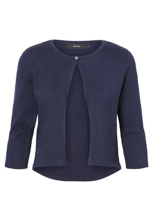 Granatowy kardigan damski z długimi rękawami, okrągłym dekoltem, pojedynczym guzikiem u góry i lekko zaokrąglonym dołem.