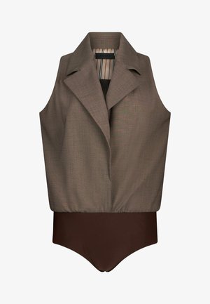 Ruskea hihaton bodysuit kauluksella, jossa on kuvioitu kangastoppi ja sileä, tummempi ruskea vartalokuosi. Pystyraitainen sisävuori.