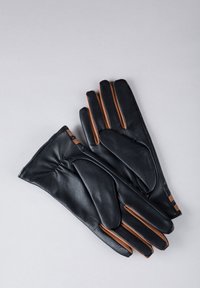 Black leather gloves with brown leather accents, featuring a smooth texture, a fitted design, and gathered wrist detail.