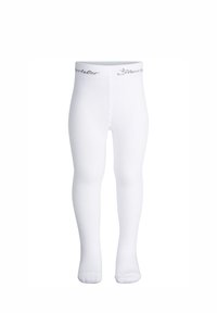 Weiße Strumpfhose aus weichem Material, mit nahtlosem Design und glatter Textur. Der Bund ist mit silbernem Logo-Schriftzug versehen.