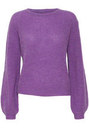 Pull en tricot violet avec des manches longues légèrement bouffantes, présentant un motif texturé et un col rond. Fabriqué en matériau doux et léger.