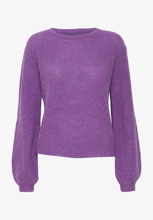 Lilla kudumipullover pika, veidi puffitatud varrukatega, tekstureeritud mustriga ja ümarate kaelustega. Valmistatud pehmest ja kergest materjalist.