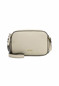 Borsa a tracolla in pelle crema con forma strutturata, piping nero, tracolla regolabile e logo in lettere dorate.