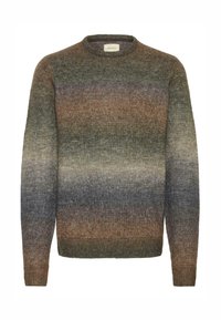 Suéter de punto con cuello redondo que presenta un patrón degradado de tonos verdes, marrones y grises. Fabricado en un tejido suave y texturizado con puños acanalados.