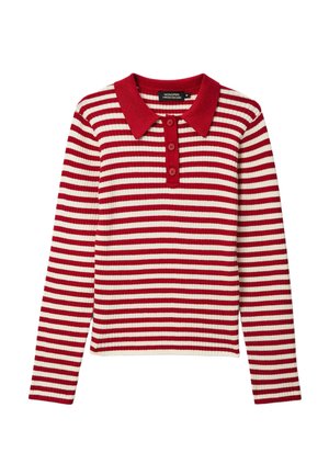 Pull en maille à manches longues avec des rayures horizontales rouge et blanc, col rouge et trois boutons rouges sur la patte de boutonnage avant.