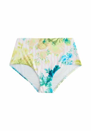Chilot de bikini cu talie înaltă, cu dungi roz pastel și imprimeu floral în nuanțe de galben, verde și albastru pe fundal alb.
