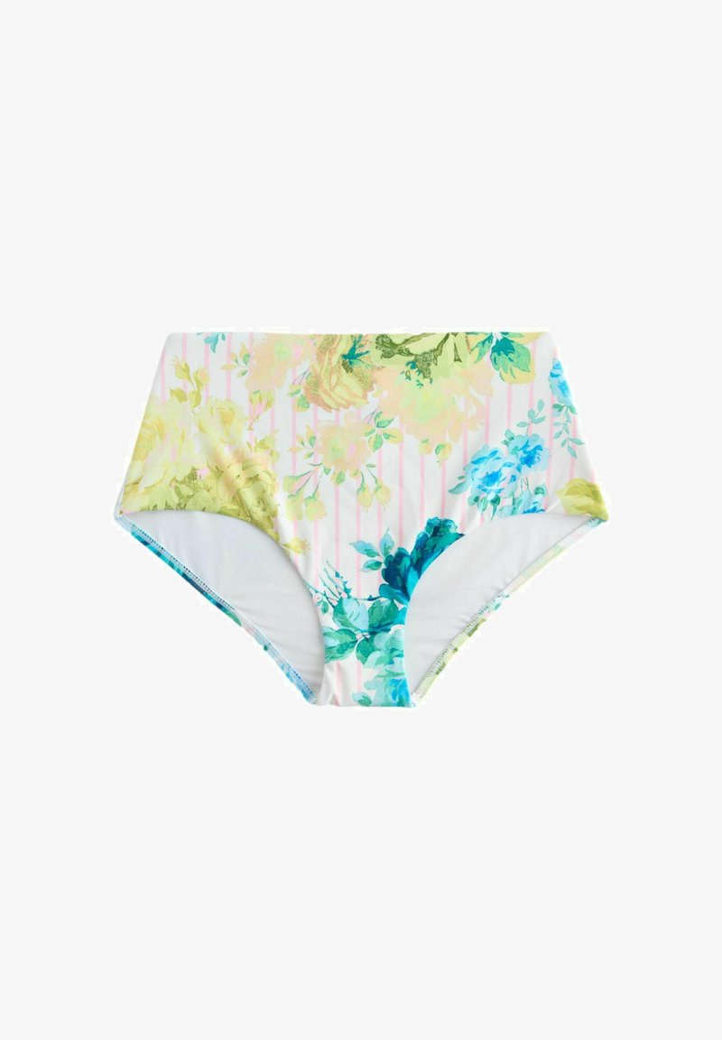 Bas de bikini taille haute avec des rayures rose pastel et un imprimé floral en jaune, vert et bleu sur fond blanc.