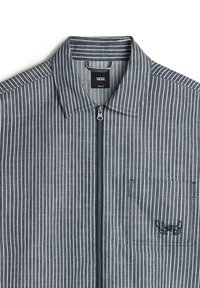 Striped blue and white jacket featuring a zip closure, a pointed collar, and a patch pocket with embroidered logo detail.