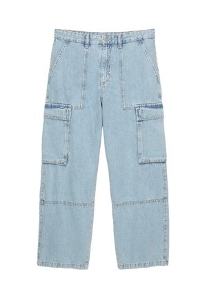 Pantaloni cargo in denim azzurro chiaro con gamba larga, numerose tasche laterali e dettagli cuciti. Design casual adatto a vari outfit.