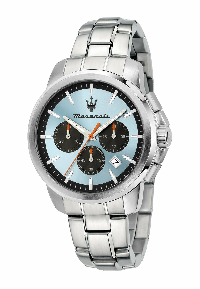 Orologio da polso in acciaio inossidabile con quadrante azzurro chiaro, cronografi neri, indicatori delle ore bianchi, lancetta dei secondi arancione e finestra della data alle 4.