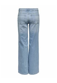 Jeans largi de culoare albastru deschis, cu un finisaj uzat, având două buzunare la spate și un design clasic cu cinci buzunare. Material din denim cu cusături vizibile.