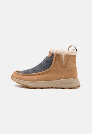 Tan suede ankelstøvler med grå filt, hvitt pelsfôr og en brun hæltab. Har en teksturert gummisåle for grep og trekkraft.
