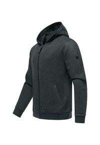 Gray zip-up hoodie made of soft fabric, featuring a large hood, kangaroo pockets, and ribbed cuffs for a snug fit. Black logo on sleeve.