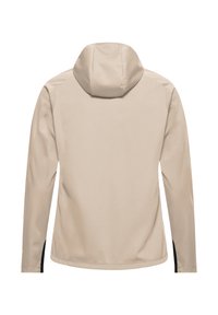 Beige Kapuzenjacke mit langen Ärmeln, glatter Textur, schwarze Seitenakzente, keine sichtbaren Beschläge oder Muster auf der Rückseite.