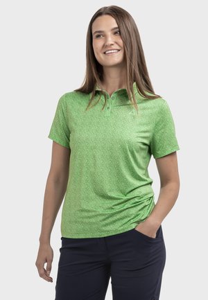 Grünes Poloshirt mit einem dezenten Wirbelmuster, kurzen Ärmeln und einem klassischen Kragen, gefertigt aus einem glatten, atmungsaktiven Stoff.