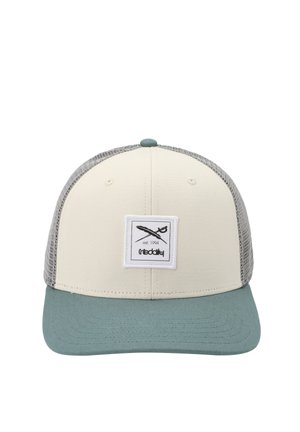 Beige and gray mesh trucker cap with blue-green brim and a front patch showing crossed feather and sword logo with "est. 1994" text.