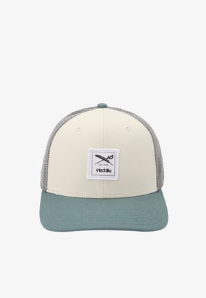 Beige and gray mesh trucker cap with blue-green brim and a front patch showing crossed feather and sword logo with "est. 1994" text.