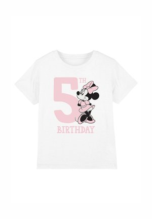 White cotton t-shirt featuring a pink graphic with the text "5TH BIRTHDAY" and an illustration of Minnie Mouse in a pink outfit.