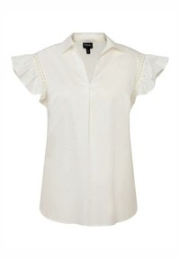 Blouse blanche avec un col pointu, des manches courtes à volants et un décolleté en V. Fabriquée en tissu lisse avec une coupe décontractée.