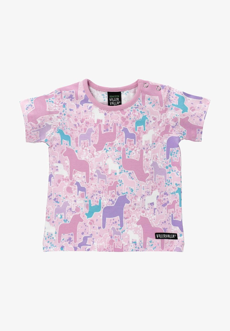 Lyserød kortærmet skjorte lavet af økologisk bomuld med et multifarvet mønster af heste i lilla, blå og hvide nuancer.