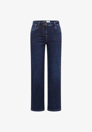 Jeansy z ciemnoniebieskiego denimu o prostych nogawkach, z przodem zapinanym na guziki i zamek oraz pięciokieszeniowym krojem.