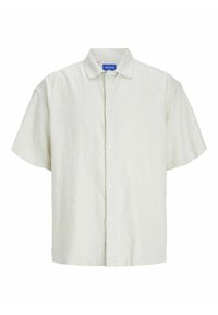 Korte mouwen, licht beige overhemd van linnen met een knoopsluiting aan de voorkant en een klassieke kraag. Heeft een ontspannen pasvorm en een gladde textuur.