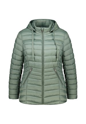 Gevoerde groene jas met capuchon, voorzien van een verticale gestikte ontwerp, een rits aan de voorkant en twee zijzakken met ritsen voor veilige opberging.