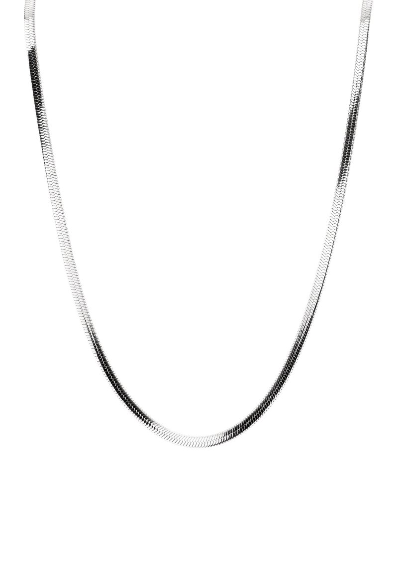 Silberfarbene Schlangenkette, die ein glattes, flexibles Design mit einem subtilen Glanz und einheitlichen, abgerundeten Gliedern aufweist.