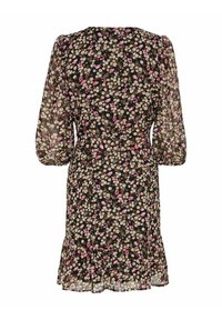 Schwarzes Blumen Kleid mit kurzen Puffärmeln, verziert mit rosa und beigen Blumen. Fließendes Material mit einem gesmokten Saum, leicht und leicht durchsichtig.