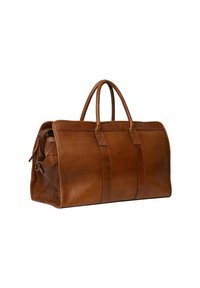 Ruskea nahkainen duffel-laukku, jossa on kaksi kahvaa ja vetoketjusuljenta, esitetty hiukan kulmassa valkoista taustaa vasten.