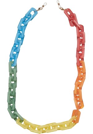 Collier chaîne en plastique épais et coloré avec des maillons rectangulaires bleus, verts, jaunes, orange et rouges, avec des fermoirs métalliques avec boucles.
