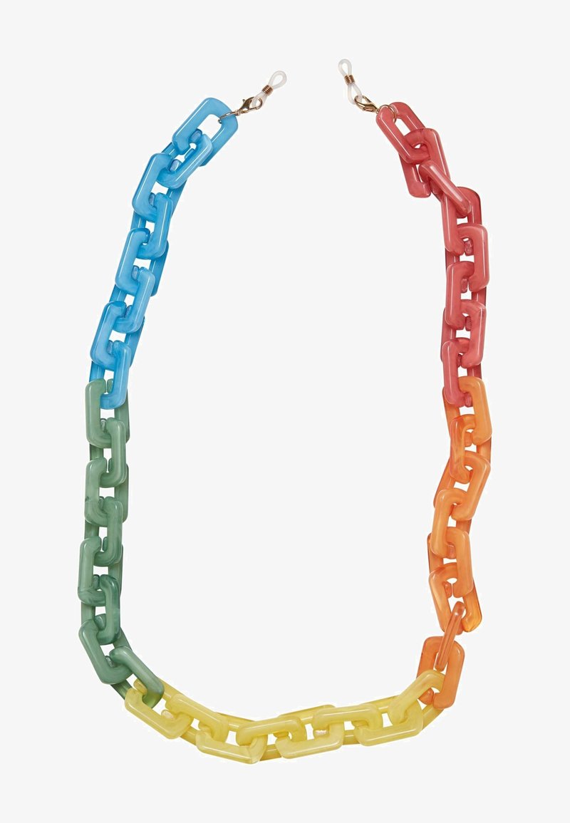 Collier chaîne en plastique épais et coloré avec des maillons rectangulaires bleus, verts, jaunes, orange et rouges, avec des fermoirs métalliques avec boucles.