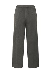 Pantaloni a gamba larga in tessuto grigio scuro con cintura elastica. Texture liscia, senza motivi o accessori visibili. Visuale sul retro.