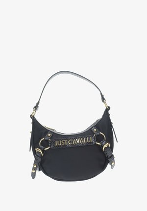Borsa a tracolla nera in nylon con forma curva, logo "JUST CAVALLI" in oro in rilievo, con dettagli testurizzati e hardware dorato.