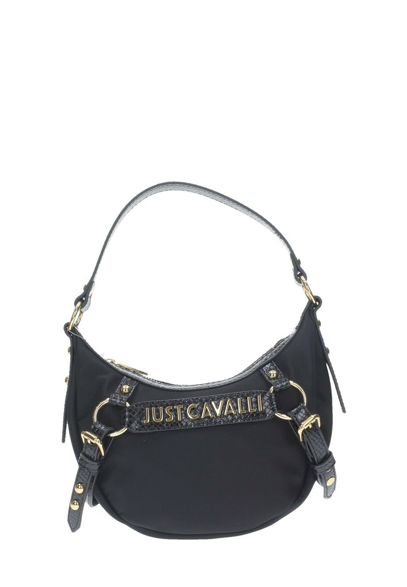 Borsa a tracolla nera in nylon con forma curva, logo "JUST CAVALLI" in oro in rilievo, con dettagli testurizzati e hardware dorato.