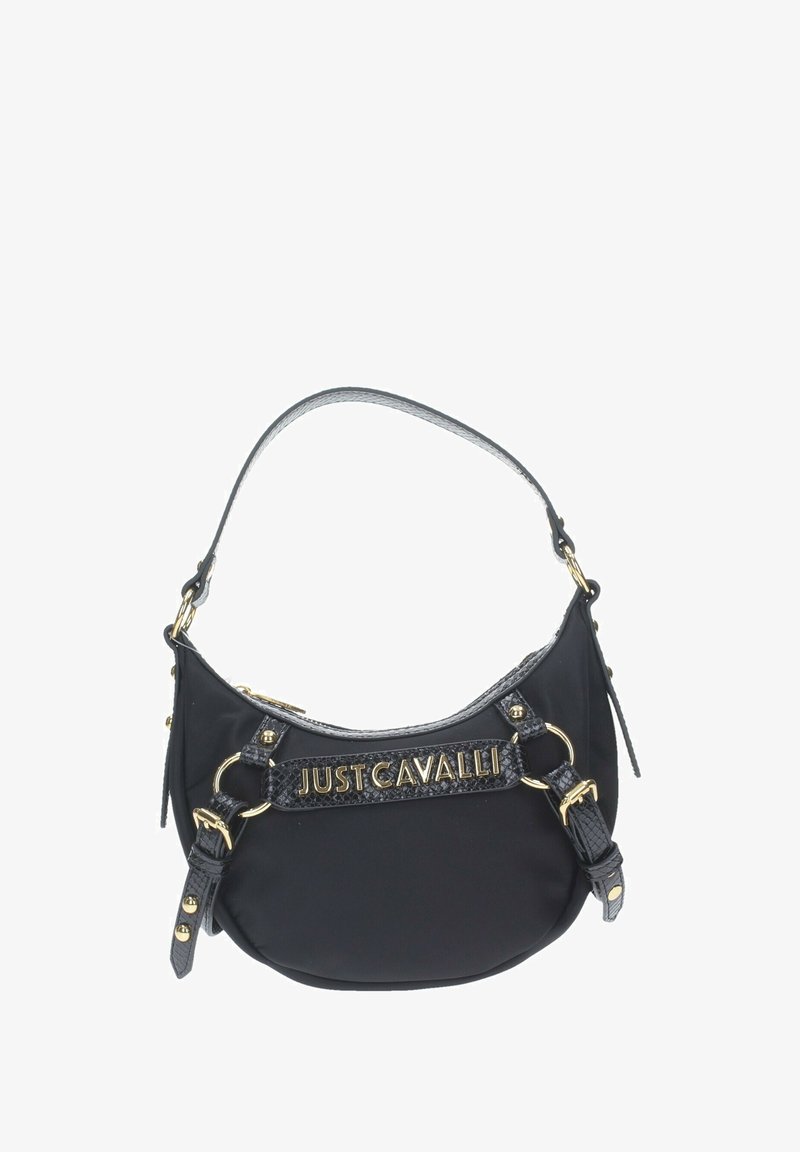 Borsa a tracolla nera in nylon con forma curva, logo "JUST CAVALLI" in oro in rilievo, con dettagli testurizzati e hardware dorato.