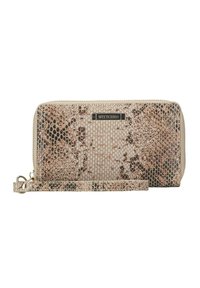 Portafoglio beige con motivo a serpente, texture liscia, forma arrotondata, hardware dorato e tracolla removibile. Logo del marchio sul fronte.