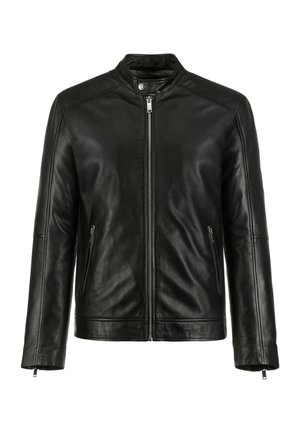 Giacca in pelle nera con chiusura frontale con zip, colletto alla coreana con bottone a pressione, due tasche laterali con zip e maniche lunghe con polsini con zip.