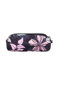 Pencil case with a zip featuring a dark background adorned with large pink floral patterns and green accents; made from durable fabric with a smooth texture.