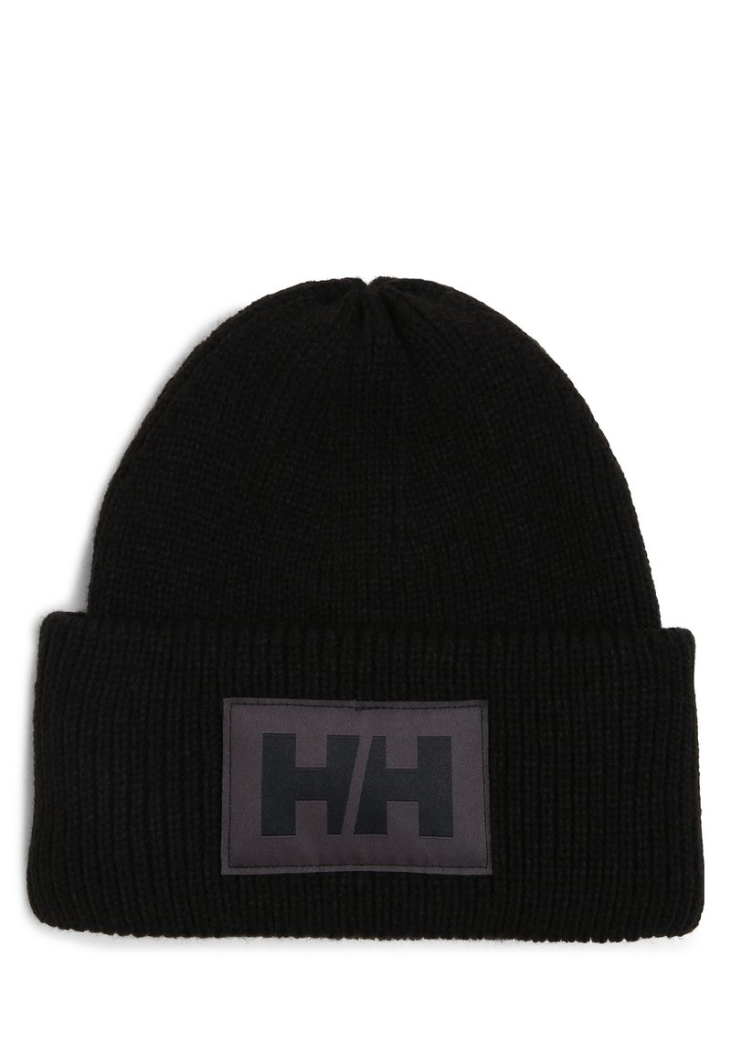 Black knit beanie with a folded cuff, featuring a rectangular gray patch with "HH" logo in black. Textured, cozy fabric.