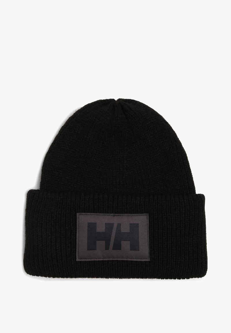 Black knit beanie with a folded cuff, featuring a rectangular gray patch with "HH" logo in black. Textured, cozy fabric.
