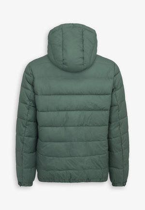 Giacca a vento verde con cappuccio, caratterizzata da un design trapuntato, polsini elasticizzati e orlo. Tessuto morbido con finitura opaca.