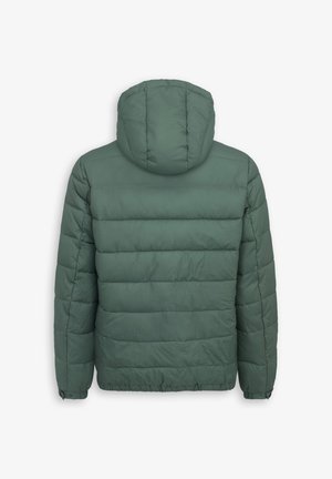 Groene pufferjack met een capuchon, met een geborduurd ontwerp, elastische manchetten en een zoom. Gladde stof met een matte afwerking.