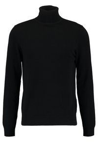 Pull à col roulé noir en tissu doux, dotée de manches longues et de poignets côtelés, avec une coupe ajustée et une texture lisse.
