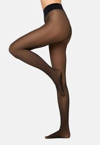Collants noirs transparents avec une ceinture douce, une texture lisse et une finition semi-opaque, présentés sur une jambe en position relevée.