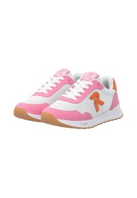 White and pink sneakers featuring a mesh upper, pink suede accents, orange logo, and a rubber sole with a slight texture pattern.