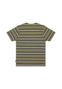 Olive green short-sleeve t-shirt with horizontal stripes in navy, white, and light gray. Soft fabric with a relaxed fit and crew neckline.