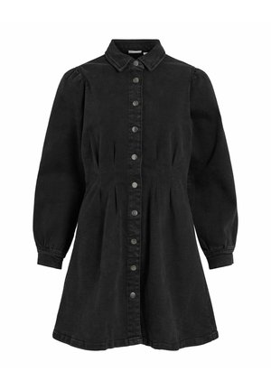 Schwarzes Denim-Kleid mit Knopfverschluss, Kragen und langen Puffärmeln. Verfügt über Faltendetails und einen ausgestellten Saum.